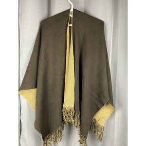 Women's Brown & Yellow With Fringe Poncho Shaw Throw  One Size